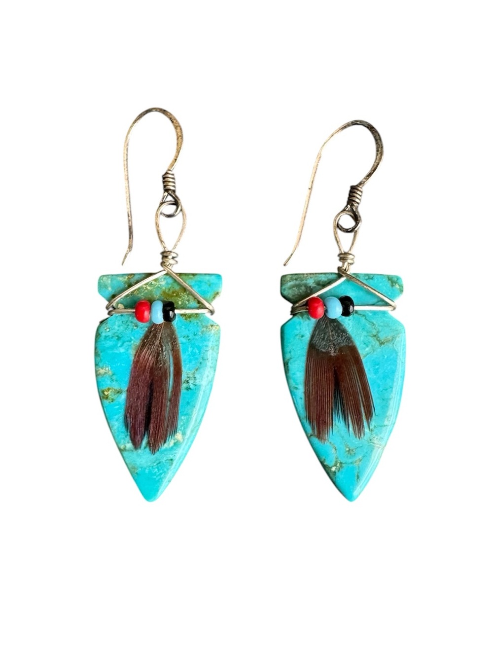 Vintage Turquoise Arrowhead Earrings Sterling Silver Feather Bead Boho Handmade